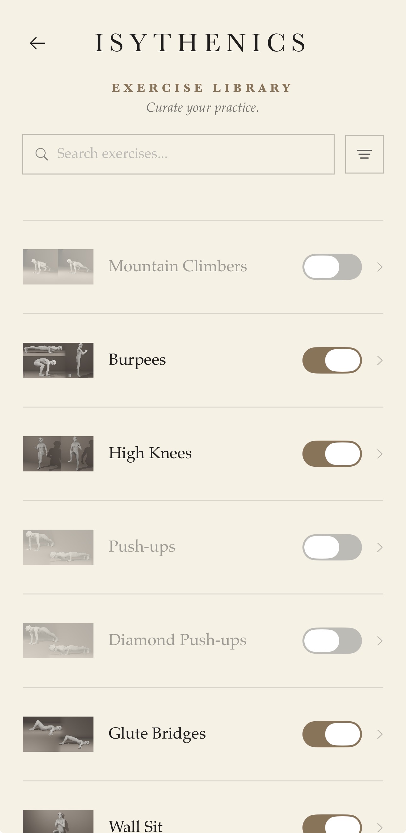 Exercise library with toggles